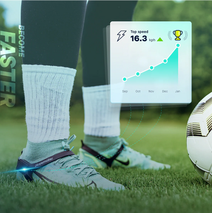 Soccer player's feet with a digital display showing top speed on grass with Playermaker